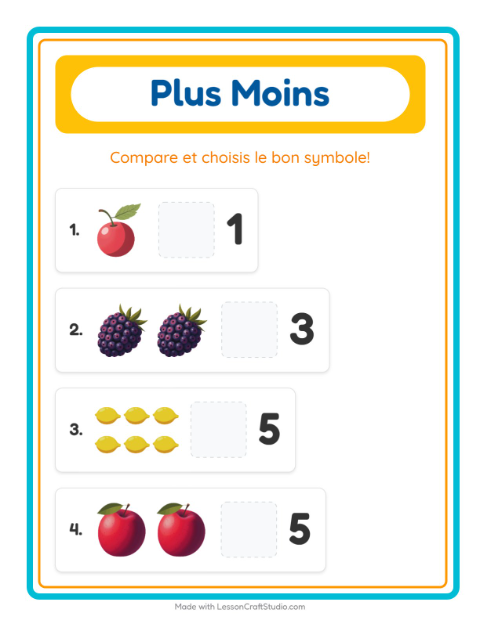 Aperçu de la fiche Plus Ou Moins avec Fruits pour École maternelle (petite/moyenne section, 3-5 ans)