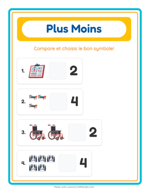 Aperçu de la fiche Plus Ou Moins avec Hôpital pour École maternelle (petite/moyenne section, 3-5 ans)