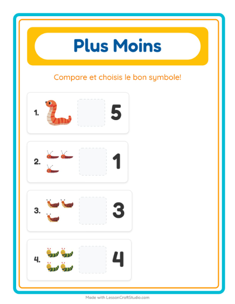 Aperçu de la fiche Plus Ou Moins avec Insectes et bestioles pour École maternelle (petite/moyenne section, 3-5 ans)