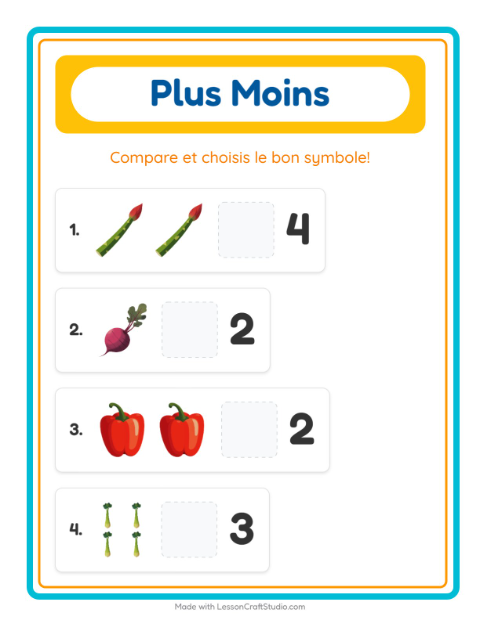 Aperçu de la fiche Plus Ou Moins avec Légumes pour École maternelle (petite/moyenne section, 3-5 ans)