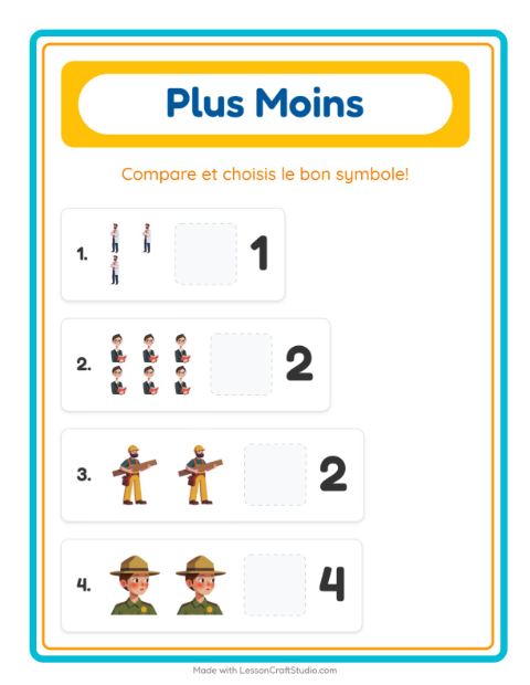 Aperçu de la fiche Plus Ou Moins avec Métiers pour École maternelle (petite/moyenne section, 3-5 ans)