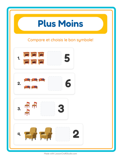 Aperçu de la fiche Plus Ou Moins avec Meubles pour École maternelle (petite/moyenne section, 3-5 ans)