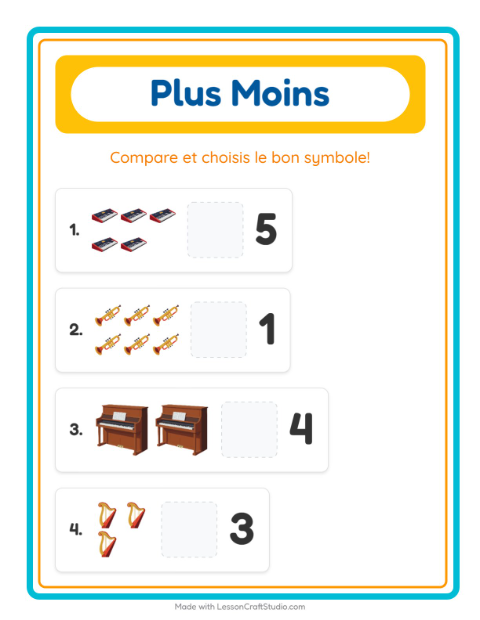 Aperçu de la fiche Plus Ou Moins avec Musique pour École maternelle (petite/moyenne section, 3-5 ans)