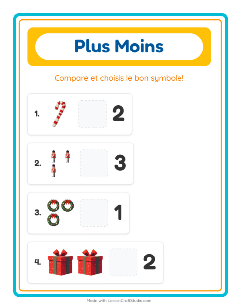 Aperçu de la fiche Plus Ou Moins avec Noël pour École maternelle (petite/moyenne section, 3-5 ans)