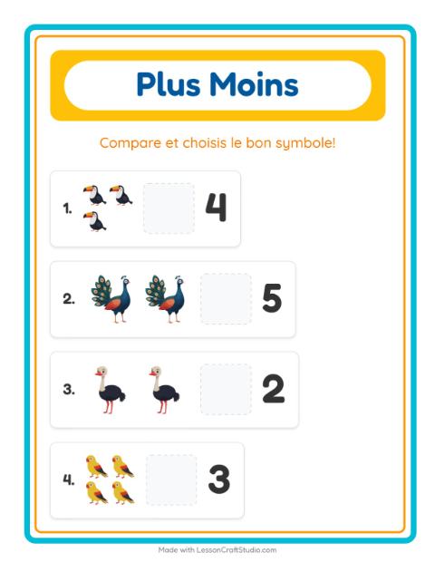 Aperçu de la fiche Plus Ou Moins avec Oiseaux pour École maternelle (petite/moyenne section, 3-5 ans)