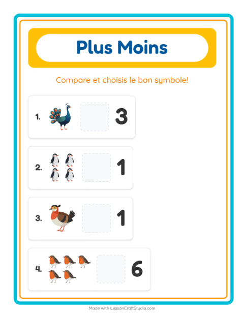 Aperçu de la fiche Plus Ou Moins avec Oiseaux 2 pour École maternelle (petite/moyenne section, 3-5 ans)