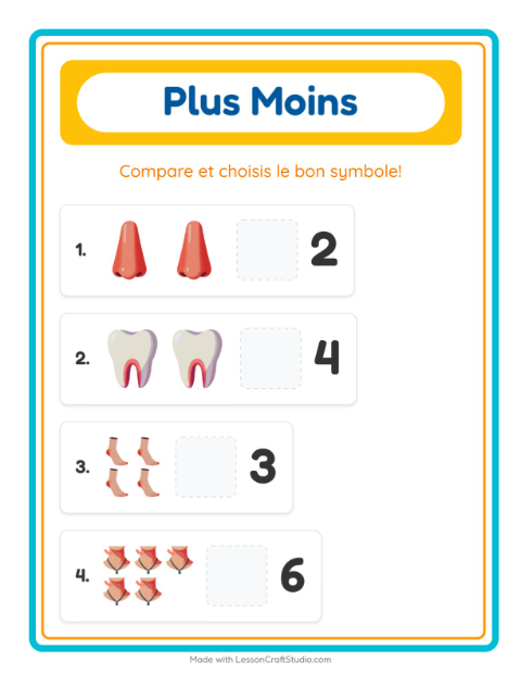 Aperçu de la fiche Plus Ou Moins avec Parties du corps pour École maternelle (petite/moyenne section, 3-5 ans)