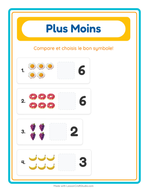 Aperçu de la fiche Plus Ou Moins avec Petit-déjeuner pour École maternelle (petite/moyenne section, 3-5 ans)