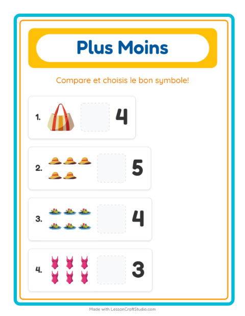 Aperçu de la fiche Plus Ou Moins avec Plage pour École maternelle (petite/moyenne section, 3-5 ans)