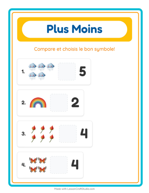 Aperçu de la fiche Plus Ou Moins avec Printemps pour École maternelle (petite/moyenne section, 3-5 ans)