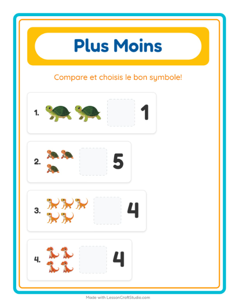 Aperçu de la fiche Plus Ou Moins avec Reptiles et amphibiens pour École maternelle (petite/moyenne section, 3-5 ans)