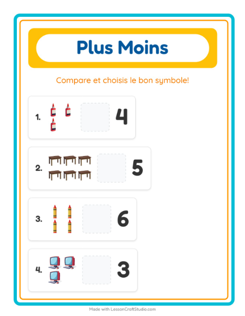 Aperçu de la fiche Plus Ou Moins avec Salle de classe pour École maternelle (petite/moyenne section, 3-5 ans)