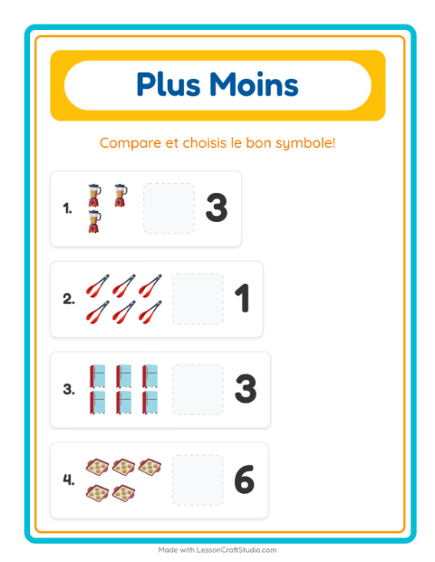 Aperçu de la fiche Plus Ou Moins avec Ustensiles de cuisine pour École maternelle (petite/moyenne section, 3-5 ans)