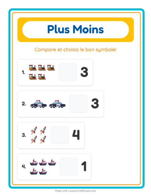 Aperçu de la fiche Plus Ou Moins avec Véhicules pour École maternelle (petite/moyenne section, 3-5 ans)