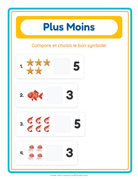 Aperçu de la fiche Plus Ou Moins avec Vie océanique pour École maternelle (petite/moyenne section, 3-5 ans)