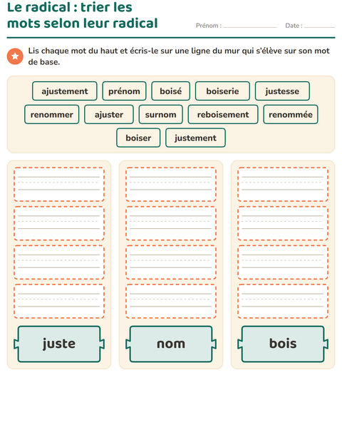 Aperçu de la fiche Préfixes et suffixes pour CE1 (cours élémentaire 1)