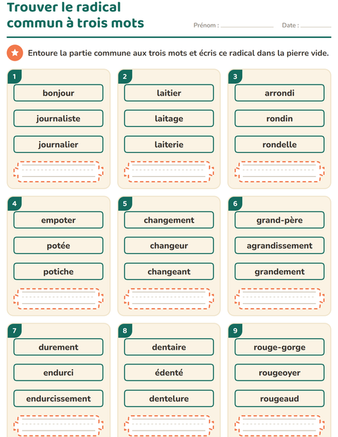 Aperçu de la fiche Préfixes et suffixes pour CE1 (cours élémentaire 1)
