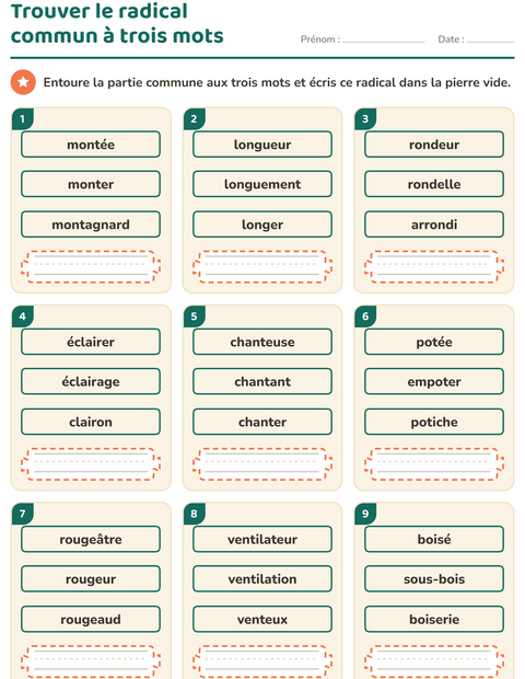 Aperçu de la fiche Préfixes et suffixes pour CE1 (cours élémentaire 1)