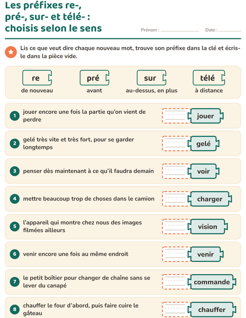 Aperçu de la fiche Préfixes et suffixes pour CE1 (cours élémentaire 1)