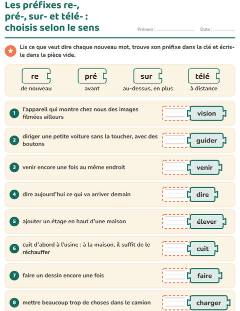 Aperçu de la fiche Préfixes et suffixes pour CE1 (cours élémentaire 1)