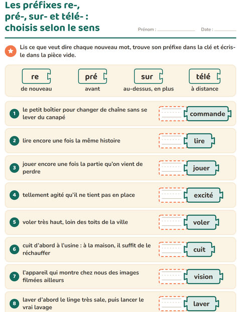 Aperçu de la fiche Préfixes et suffixes pour CE1 (cours élémentaire 1)
