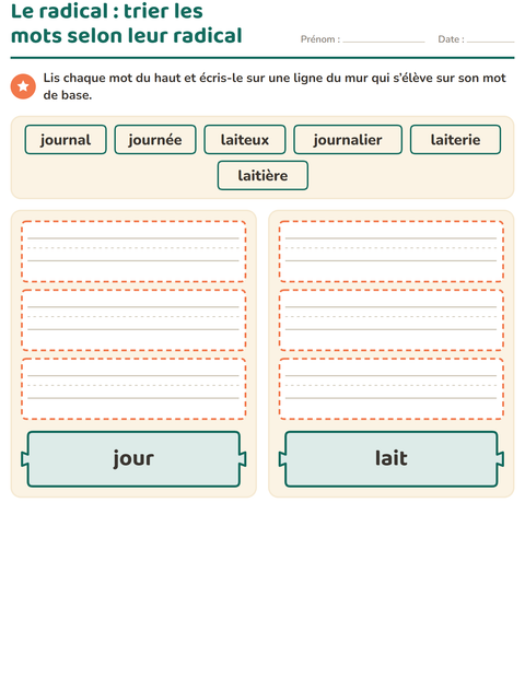 Aperçu de la fiche Préfixes et suffixes pour CE1 (cours élémentaire 1)