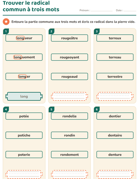 Aperçu de la fiche Préfixes et suffixes pour CE1 (cours élémentaire 1)