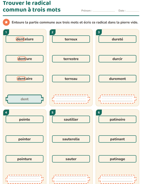 Aperçu de la fiche Préfixes et suffixes pour CE1 (cours élémentaire 1)