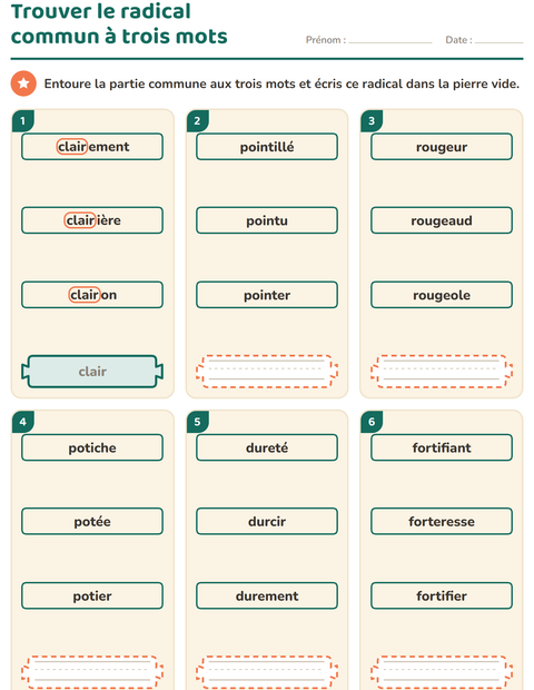 Aperçu de la fiche Préfixes et suffixes pour CE1 (cours élémentaire 1)
