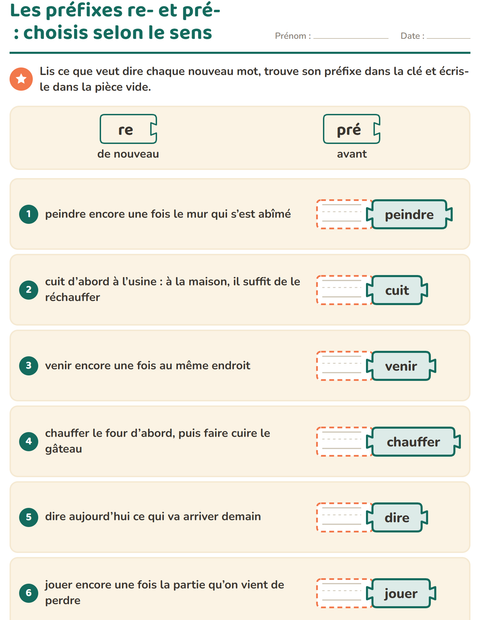 Aperçu de la fiche Préfixes et suffixes pour CE1 (cours élémentaire 1)