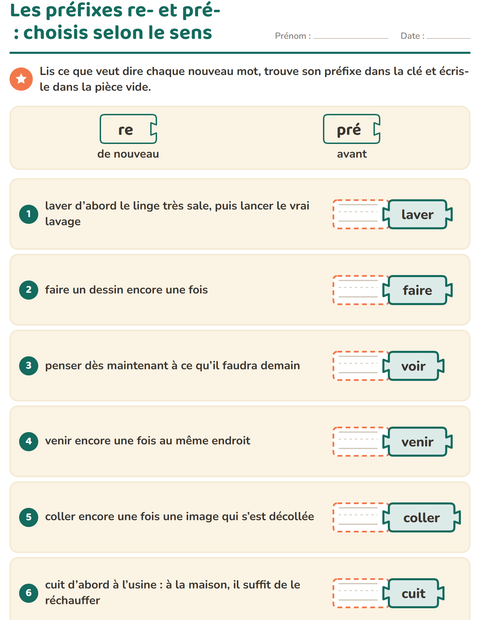 Aperçu de la fiche Préfixes et suffixes pour CE1 (cours élémentaire 1)