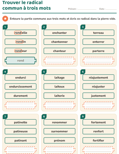 Aperçu de la fiche Préfixes et suffixes pour CE1 (cours élémentaire 1)