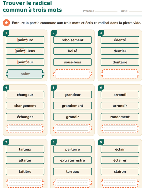 Aperçu de la fiche Préfixes et suffixes pour CE1 (cours élémentaire 1)