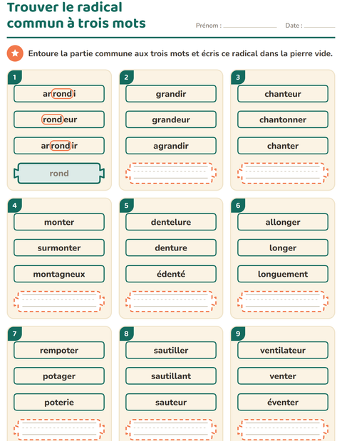 Trouver le radical commun à trois mots