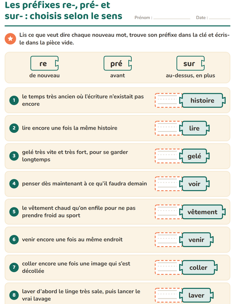 Aperçu de la fiche Préfixes et suffixes pour CE1 (cours élémentaire 1)