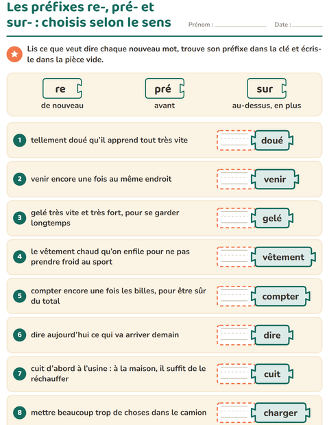 Aperçu de la fiche Préfixes et suffixes pour CE1 (cours élémentaire 1)