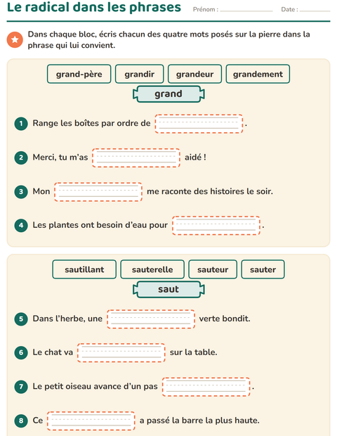 Le radical dans les phrases