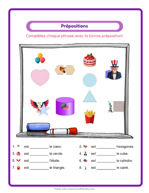 Aperçu de la fiche Prépositions avec 4 juillet pour École maternelle (grande section, 5-7 ans)