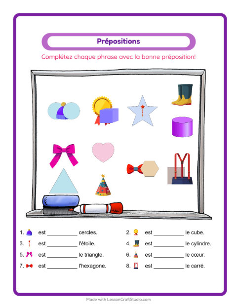 Aperçu de la fiche Prépositions avec Accessoires pour École maternelle (grande section, 5-7 ans)