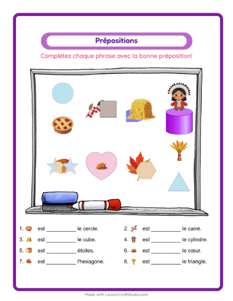 Aperçu de la fiche Prépositions avec Action de grâce pour École maternelle (grande section, 5-7 ans)