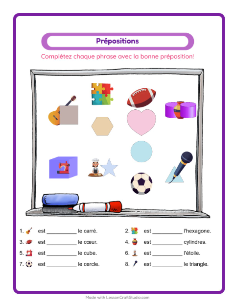 Aperçu de la fiche Prépositions avec Activités pour École maternelle (grande section, 5-7 ans)
