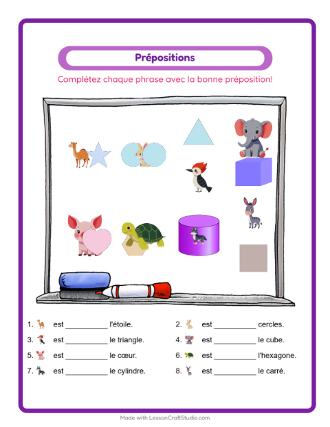 Aperçu de la fiche Prépositions avec Animaux pour École maternelle (grande section, 5-7 ans)