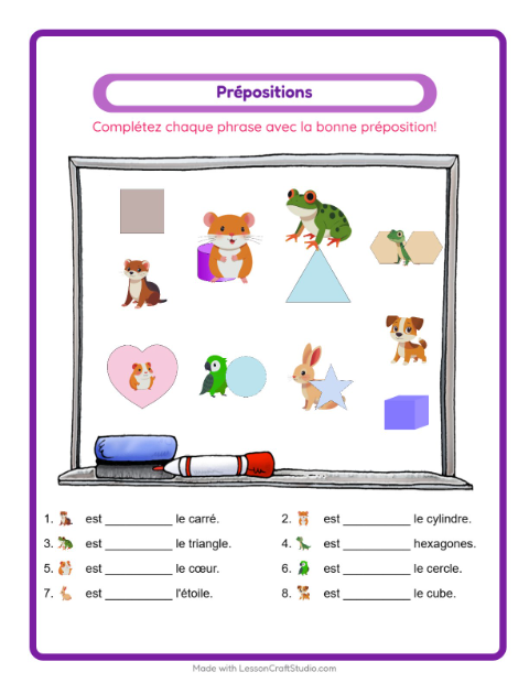 Aperçu de la fiche Prépositions avec Animaux de compagnie pour École maternelle (grande section, 5-7 ans)
