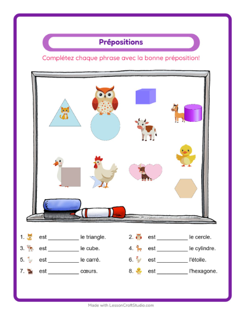 Aperçu de la fiche Prépositions avec Animaux de la ferme pour École maternelle (grande section, 5-7 ans)