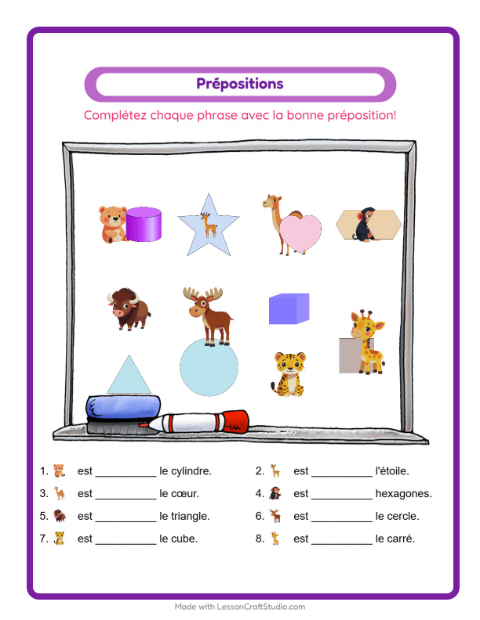 Aperçu de la fiche Prépositions avec Animaux du zoo pour École maternelle (grande section, 5-7 ans)
