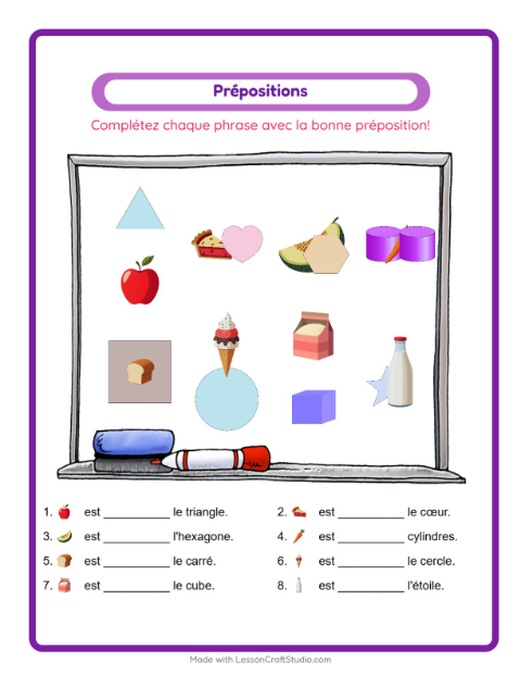 Aperçu de la fiche Prépositions avec Au supermarché pour École maternelle (grande section, 5-7 ans)