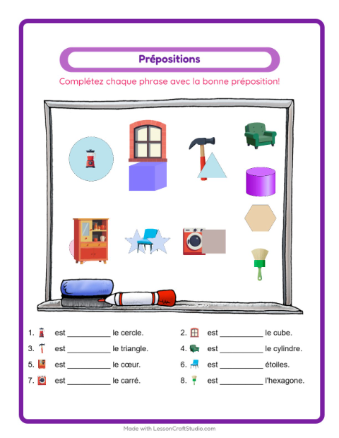 Aperçu de la fiche Prépositions avec Autour de la maison pour École maternelle (grande section, 5-7 ans)