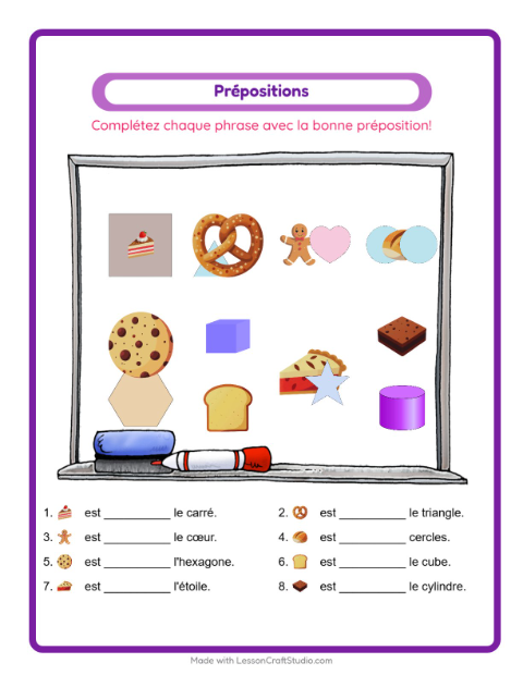 Aperçu de la fiche Prépositions avec Boulangerie pour École maternelle (grande section, 5-7 ans)