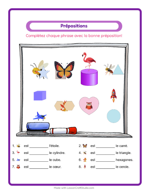 Aperçu de la fiche Prépositions avec Choses qui volent pour École maternelle (grande section, 5-7 ans)