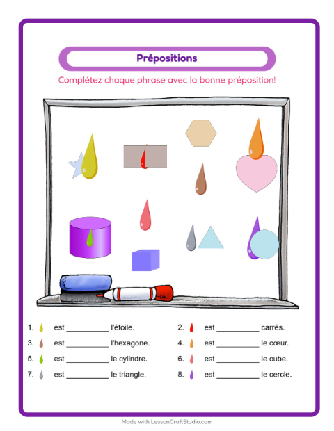 Aperçu de la fiche Prépositions avec Couleurs pour École maternelle (grande section, 5-7 ans)